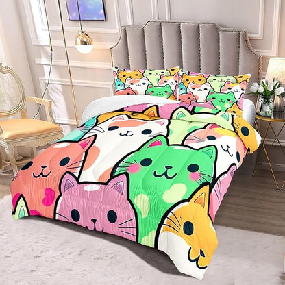 Cat Bedding Queen Size - Cat Comforter Set for Kids Girls Cartoon Cat Bedding Set Room Decor Teens Queen Comforter Sets for Girls, 1 Comforter+2 Pillowcases