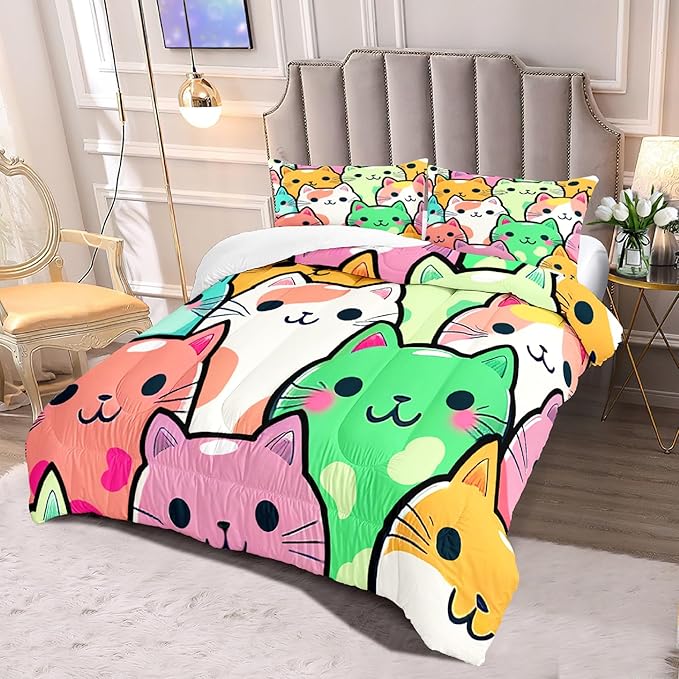 Cat Bedding Set - Full Size Comforter, 2 Pillowcases for Girls, Soft Breathable Polyester, Machine Washable, Cat Themed Bedding for Kids Room Decor, Birthday & Holiday Gift