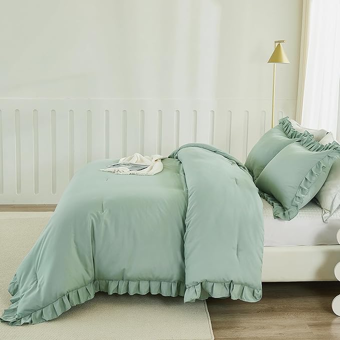 Andency Sage Green California King Comforter Set, 3 Pieces Farmhouse Shabby Chic Cal King Size Ruffle Bed Set, Oversized Soft Lightweight Microfiber Bedding Set