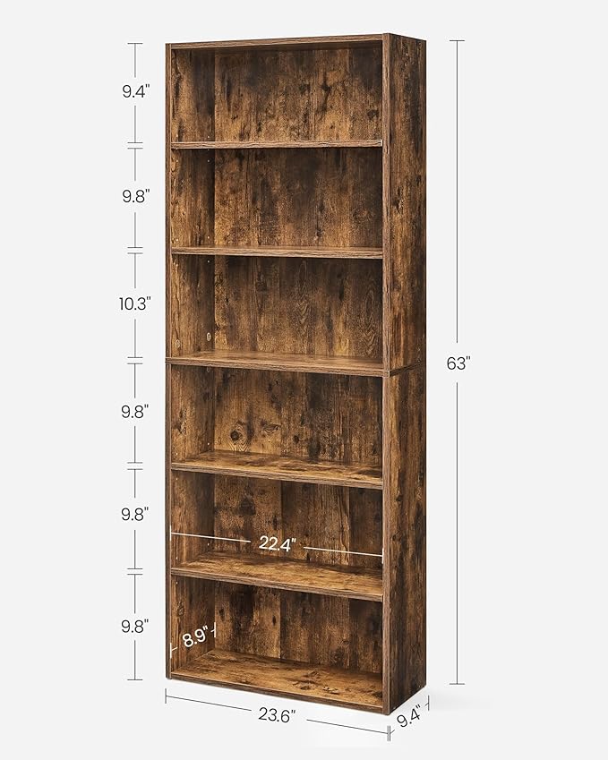 VASAGLE Bookshelf, 23.6 Inches Wide, 6-Tier Open Bookcase with Adjustable Storage Shelves, Floor Standing Unit, Rustic Brown ULBC166X01