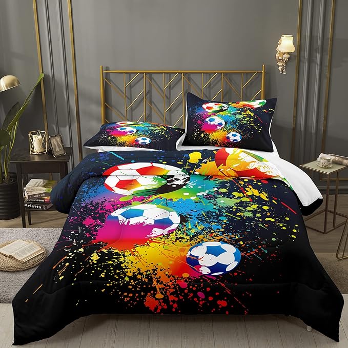 Bodhi Boys Sports Bedding Set Twin Size,Rainbow Graffiti Soccer Comforter Set Twin,Football Comforter Set for Boys,Kids,Teens with Matching Pillowcases,Teen Kids Comforter Set Twin