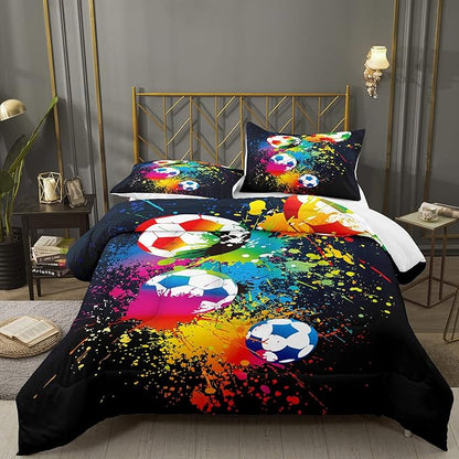 Bodhi Soccer Comforter Set Full,Boys Sports Comforter Set Full,Rainbow Graffiti Football Bedding Set for Boys,Kids,Teens with Matching Pillowcases,Boys Teen Comforter Set Full