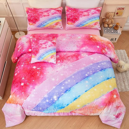 Rainbow Twin Size Comforter Set for Girls 6 Pieces Sparkle Tie Dye Pink Girls Bedding Comforter Sets Galaxy Kids Bed Comforter Sets Gradient Glitter Soft Bed in A Bag with Sheets