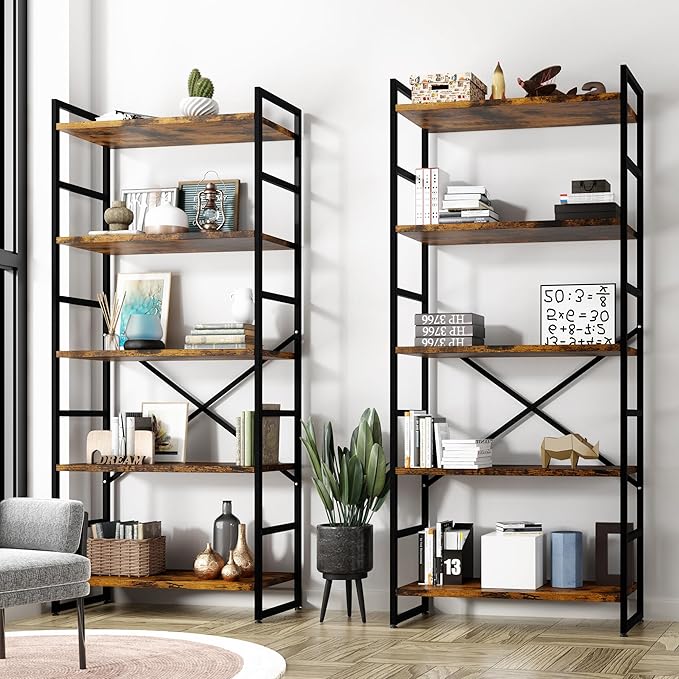Shintenchi 2 Pieces 5 Tiers Bookshelf, Classically Tall Bookcase Shelf, Industrial Book Rack, Modern Book Holder in Bedroom/Living Room/Home/Office, Storage Rack Shelves for Books/Movies Brown