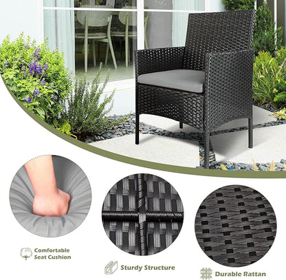 Patio Furniture Set 3 Pieces All-Weather Rattan Outdoor Furniture Patio Chairs with Tempered Glass Table for Porch Bistro Balcony Bistro Set(Black/Grey-3)