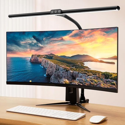 Hokone Desk Lamps for Home Office, 31.5" Wide Architect Desk Lamp with Clamp, Tall Office Lamp Dimmable, Black Desk Light with Timer, Bright Gooseneck Lamp for Workbench/Desktop