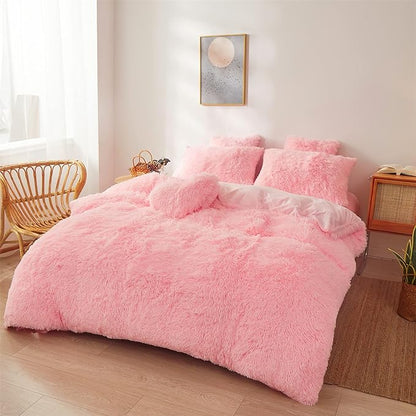 FOPPA pink fluffy Comforter Cover Set king- Ultra Soft fluffy Pink Bedding Sets 3 Pieces (1 Duvet Cover + 2 Pillow case) pink fluffy bed set (Light Pink, King)