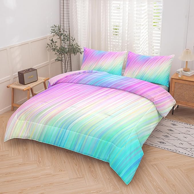 Bodhi pink queen comforter set,comforter set for girls,tie dye bedding set for kids,kids girls bedding sets,queen comforter sets for girls,3PCS rainbow bedding set with pillowcase
