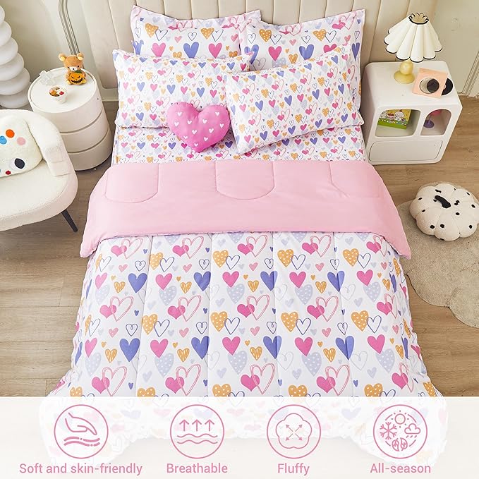 Mooreeke Twin Size Comforter Sets for Girls Kids, 6 Pieces Bed in a Bag Pink Heart Bedding Comforter Sheet Set with Shams and Decorative Toy Pillow, Ultral Soft Microfiber Kids Bed Set