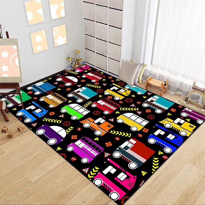 Car Play Mat Kids Rugs for Playroom Car Track Rug Kids Mat Construction Play Mat Car Play Rug Car Carpet for Kids Carpet for Bedroom Truck Rugs for Boys Room,Black 4'5''×6'