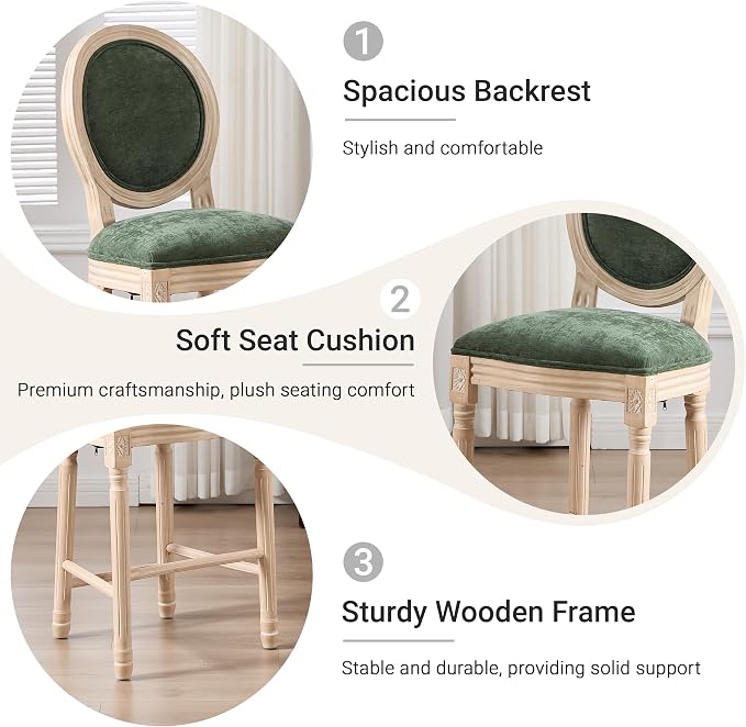 French Country Barstool, Linen Farmhouse Counter Height Chair | Set of 6, with Cushion Round Back and Solid Wood Legs, Oval Chairs for Restaurant, Bar, Kitchen, Café, Green