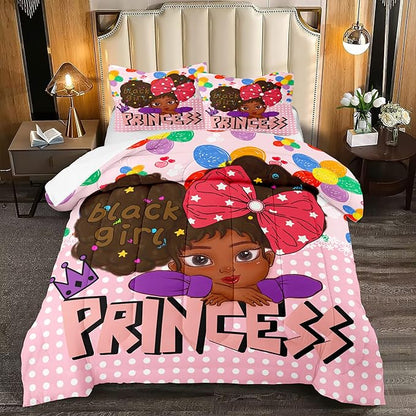 Black Girl Full Size Comforter Sets for Girls, African Black Girl Full Size Comforter Sets Girls Room Cute Full Size Comforter Set Pink Princess Full Size Bedding Set, Full (1 Comforter 2 Pillowcases)