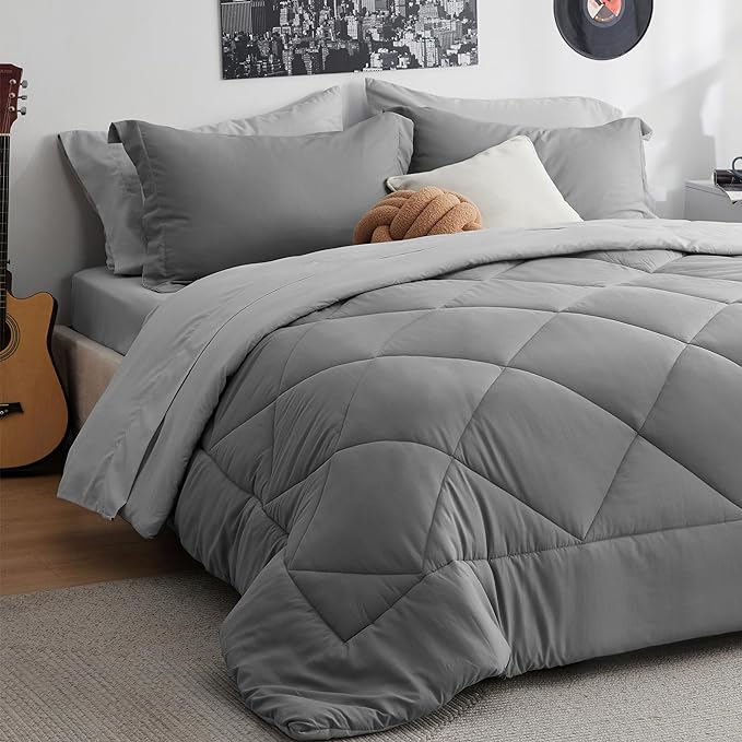 Bedsure Full Size Comforter Sets - 7 Pieces Reversible Full Bed in a Bag, Grey Full Bedding Sets with Comforters, Sheets, Pillowcases & Shams
