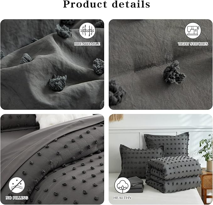 7 Pieces Tufted Dots Bed in a Bag King Comforter Set with Sheets Grey , Soft and Embroidery Shabby Chic Boho Comforters, Solid Color with Pom Pom Design, Jacquard Tufts Bedding Set for All Season