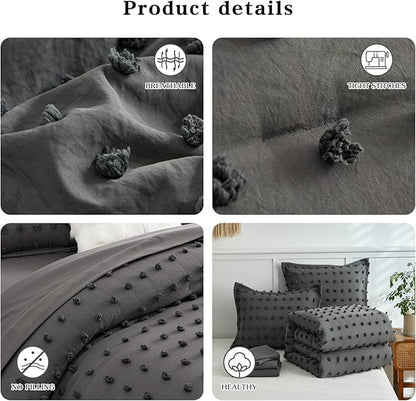 7 Pieces Tufted Dots Bed in a Bag King Comforter Set with Sheets Grey , Soft and Embroidery Shabby Chic Boho Comforters, Solid Color with Pom Pom Design, Jacquard Tufts Bedding Set for All Season