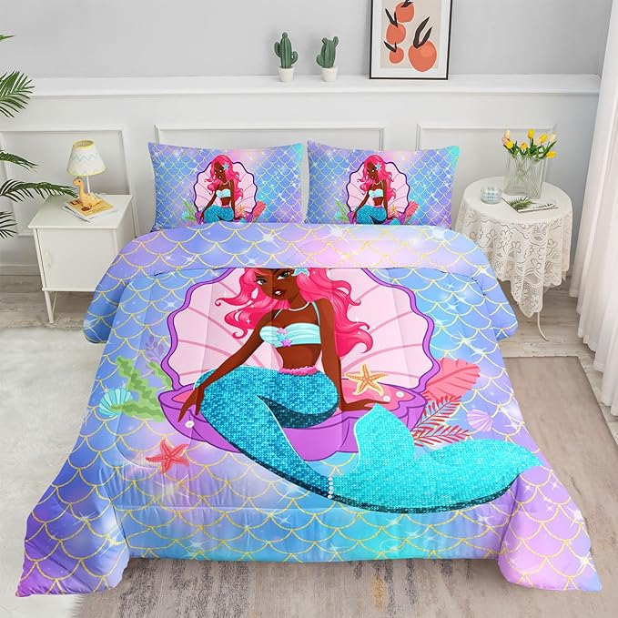Datura home Bedding Comforter Set Black Girl Magic Mermaid Printed Pattern Quilt with 1 and 2 Pillowcases for Girls Bedroom All Season(Black Blue Twin) Twin 68x86inches