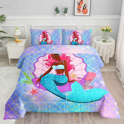 Datura home Bedding Comforter Set Black Girl Magic Mermaid Printed Pattern Quilt with 1 and 2 Pillowcases for Girls Bedroom All Season(Black Blue Twin) Twin 68x86inches