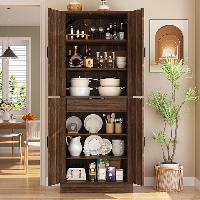 Unikito 71" Farmhouse Kitchen Pantry Storage Cabinet with Barn Doors, Adjustable Shelves & Drawer Organizer, Versatile Tall Storage Cupboard for Dining Room, Bathroom, Utility Room, Weathered Brown