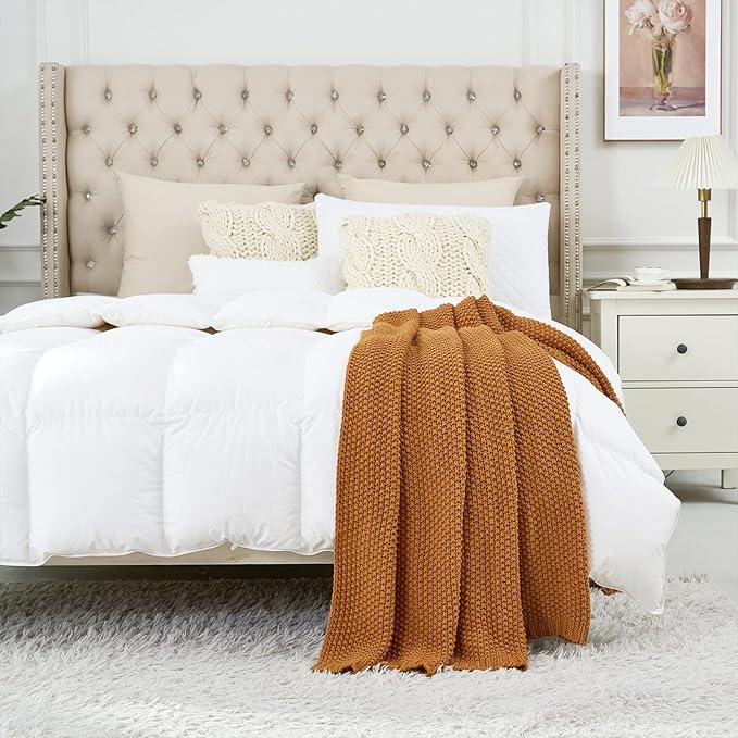 Chunky Cable Knit Throw Blanket Lightweight Burnt Orange 100% Organic Cotton Blanket for Sofa Couch Bed Baby Nursery, Rustic Shabby Chic Modern Farmhouse, 51” x 63” Give Laundering Bag