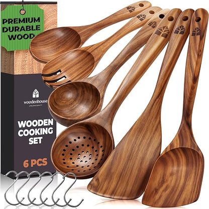 Wooden Spoons for Cooking – 6 Pcs Premium Teak Wooden Utensil Set | Durable, Nonstick Safe, Heat Resistant & Easy to Clean with Ergonomic Handles