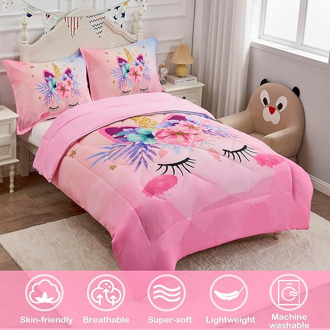 VIVILINEN Twin Size Bedding Set for Girls 3 Piece Pink Unicorn Kids Comforter Set Cartoon Unicorn Flowers Quilt Set Bed in A Bag Lightweight Duvet Bed Set for Kids Teen Girls Women with 2 Pillowcases