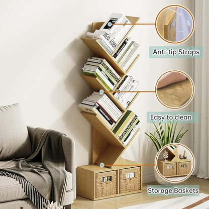 Vagusicc 6 Tier Tree Bookshelf - Retro Shelf Floor Standing Bookcase with Baskets, Tall Wood Book Storage Rack for Books/CDs, Tree Utility Book Organizer Shelves for Living Room, Home Office, Bedroom