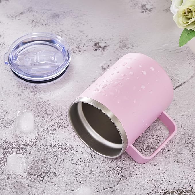MEWAY 12oz Coffee Mug With Handle and Sliding Lid,Stainless Steel Travel Tumbler Cup with Handle,Double Wall Vacuum Insulated Camping Cup for Hot & Cold Drinks Tea (Pink,Set of 1)
