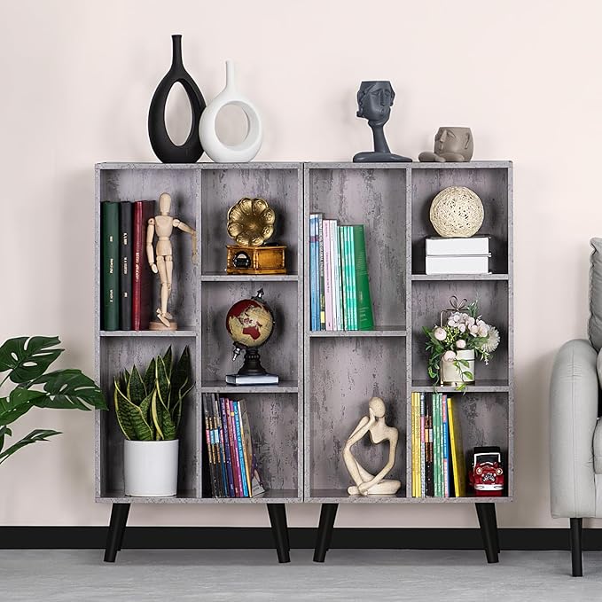 5 Cube Small Bookshelf,3 Tier Mid-Century Modern Bookcase with Legs,Wood Bookshelves Storage Organizer Shelf,Free Standing Narrow Book Shelves,Rustic Grey Corner Bookcases for Bedroom,Living Room