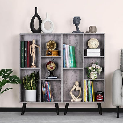 5 Cube Small Bookshelf,3 Tier Mid-Century Modern Bookcase with Legs,Wood Bookshelves Storage Organizer Shelf,Free Standing Narrow Book Shelves,Rustic Grey Corner Bookcases for Bedroom,Living Room