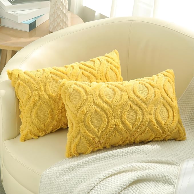 decorUhome Throw Pillow Covers 12x20 Inch Set of 2, Soft Plush Decorative Faux Fur Mustard Yellow Solid Couch Pillow Covers, Accent Farmhouse Neutral Lumbar Euro Pillow Cases for Sofa Bed Living Room