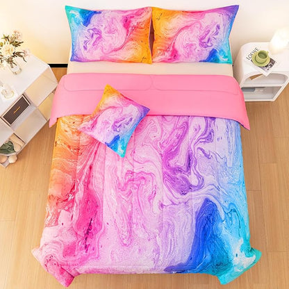 4 Pcs Tie Dye Full Comforter Set for Girls, Watercolor Marble Abstract Art Superior Kids Bedding Sets Full Size, Pink Purple Blue Colorful Teenage Girls Comforter Sets