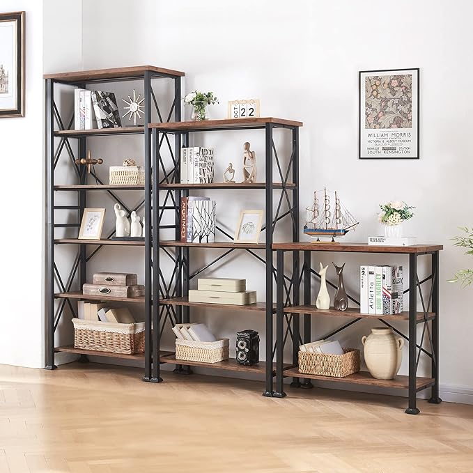 HOMBAZAAR Bookshelf, 3-Tier Industrial Bookshelf, Etagere Bookcases and Bookshelves, Small Bookshelf Storage Organizer, Freestanding Bookshelf for Living Room, Bedroom and Home Office, Brown