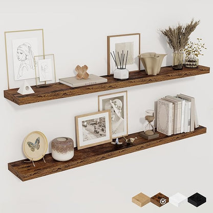 Floating Shelves for Wall, 48 Inch Floating Shelves for Home Decor, Wall Mounted Rustic Wood Shelves, Bathroom, Hanging Deep Shelf for Bedroom, Living Room, Kitchen (Rustic Brown, Set of 2)