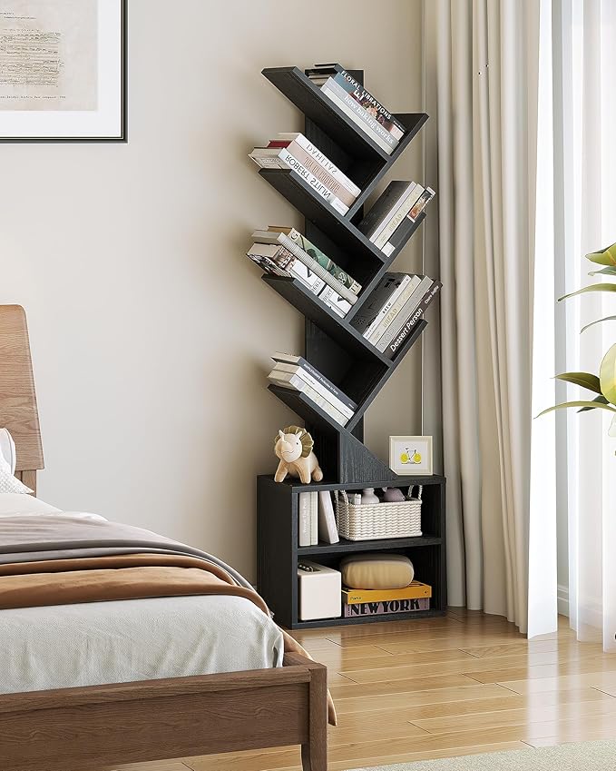 SUNMORY 6 Tier Tree Bookshelf, Small Bookcase with Storage Cabinet, Modern Narrow Bookshelves Organizer, Floor Standing Book Shelf for Bedroom/Living Room/Home Office/Corner, Black