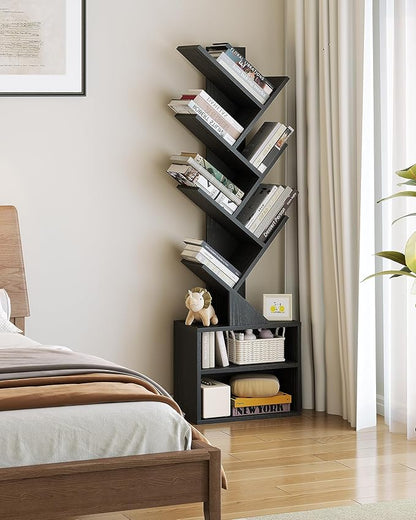 SUNMORY 6 Tier Tree Bookshelf, Small Bookcase with Storage Cabinet, Modern Narrow Bookshelves Organizer, Floor Standing Book Shelf for Bedroom/Living Room/Home Office/Corner, Black