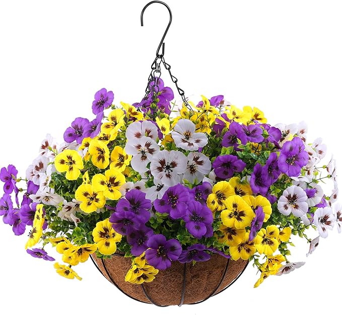 18 Bundles Artificial Fake Pansy Flowers for Outdoor, Faux UV Resistant Silk Pansies Flowers for Outside Planter Front Door Porch Yard Patio Window Box Home Decor (18, Purple, Yellow, White)