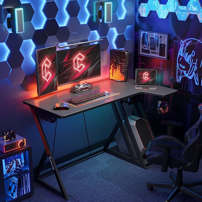 CubiCubi Aurora Gaming Desk with Carbon Fiber Surface, 47 Inch L Shaped Desk with Storage Shelves, Small Corner Computer Desk with Monitor Shelf, Gamer Desk PC Table, Black