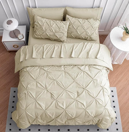 LANE LINEN Twin Comforter Set, 5 Piece Twin Size Bed in a Bag Sets, Pintuck Bedding Sets & Collections with Down Alternative Comforter, Sheets, Pillowcases & Shams, Ultra Soft Twin Bed Set - Linen