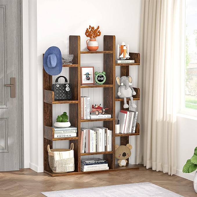 Aheaplus Bookshelf, Tree-Shaped Bookcase Storage Shelf with 13 compartments, Books Organizer Display Cube Shelves, Industrial Free Floor Standing Wood Open Bookshelves for Home