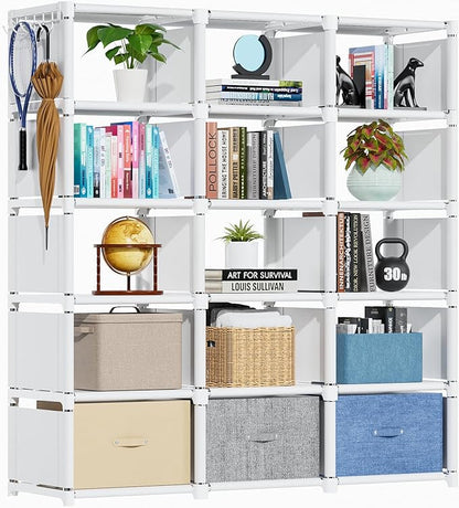 Mavivegue Bookshelf,15 Cube Storage Organizer,Book Shelf Organizer,Tall Bookcase Shelf,Book Cases/Shelves,Cubbies Closet Storage Organizer Shelves for Bedroom,Living Room,Home,Office-White