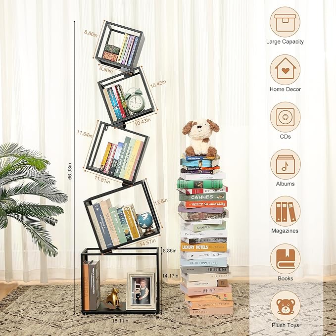 Bookshelf 2024 NEW, 5-Tier Bookshelves, 67" Tall Black Bookshelf, Book Shelf, Bookcase, Modern Bookshelf, Storage Shelf for CDs/Books/Collections, Display Shelf for Livingroom, Bedroom, Office