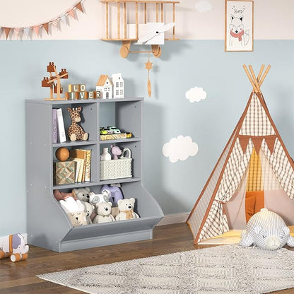 Aheaplus Toy Storage Organizer with Bookcase, 3 Cubby Bookshelf Toy Storage Cabinet, Open Multi-Bins Toys&Books Storage Display Organizer for Playroom, Bedroom, Nursery, School, Grey