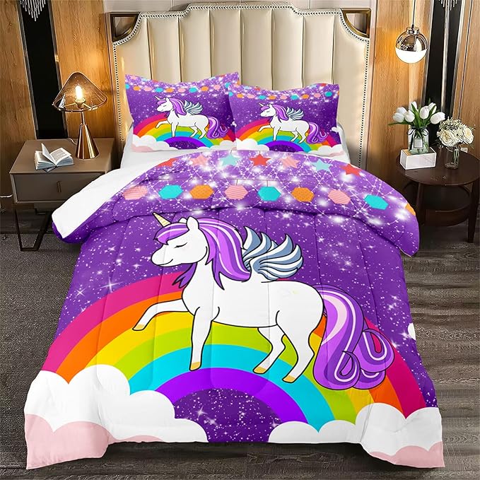 Girls Unicorn Comforter Sets Queen Comforter Set for Girls Unicorn Bedding Sets Queen Cartoon Unicorn Print Comforter Sets Girls Bedding Room Decor, Purple, 1 Comforter+2 Pillowcases