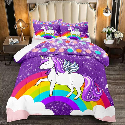 Girls Unicorn Comforter Sets Queen Comforter Set for Girls Unicorn Bedding Sets Queen Cartoon Unicorn Print Comforter Sets Girls Bedding Room Decor, Purple, 1 Comforter+2 Pillowcases