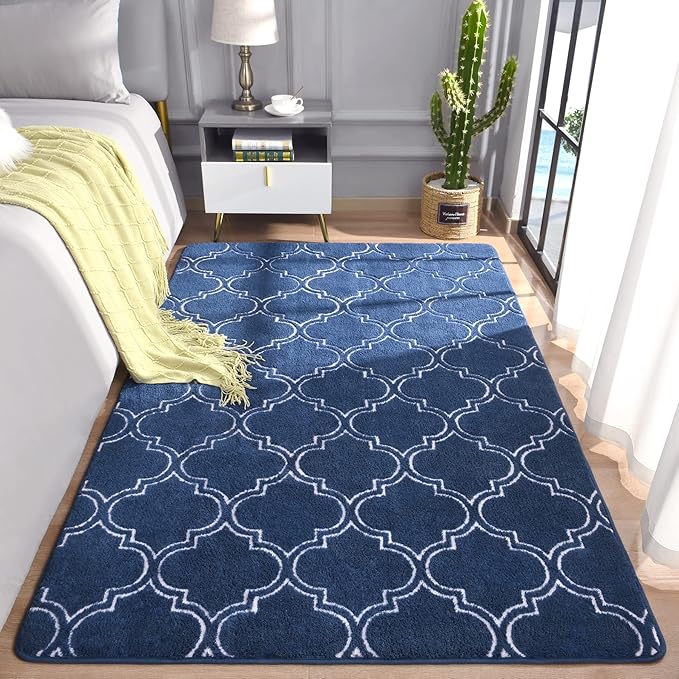 Chicrug Shag Geometric Modern Area Rug for Bedroom, 3x5 Feet Memory Foam Indoor Carpet, Fluffy Rug for Living Room Bedside Room Decor for Family Girls Kids Nursery Play Mat, Navy/White
