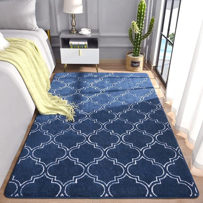 Chicrug Shag Geometric Modern Area Rug for Bedroom, 3x5 Feet Memory Foam Indoor Carpet, Fluffy Rug for Living Room Bedside Room Decor for Family Girls Kids Nursery Play Mat, Navy/White