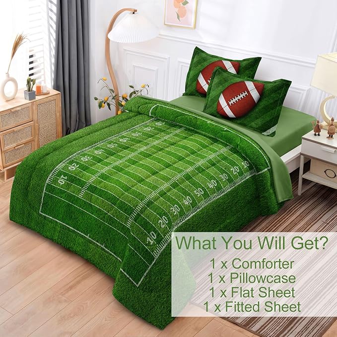 Football Comforter Set Twin Size for Teen Boys, Kids Football Field Bedding Green Themed Bedroom Set with Sheets, Twin Bed in a Bag Set