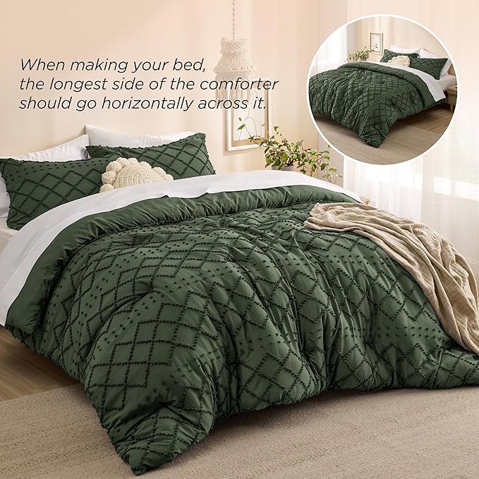 Bedsure King Size Comforter Set - Olive Green Comforter, Boho Tufted Shabby Chic Bedding Comforter Set, 3 Pieces Farmhouse Bed Set for All Seasons, Fluffy Soft Bedding Set with 2 Pillow Shams