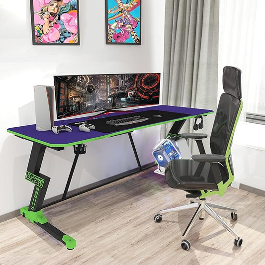 63 Inch Gaming Desk, with Carbon Fiber Surface, Lightning-Shaped PC Computer Table, with Headphone Holder, Cup Holder, Cable Management Box, Gaming Table for Gamer, Purple&Green