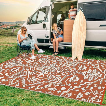Waterproof Outdoor Rug 9x18 Reversible Plastic Straw Patio Rug, Stain-Resistant Vintage Medallion Carpet, Large Indoor Outdoor RV Mat for Deck, Camping, Balcony, Vintage Terracotta Brick/White